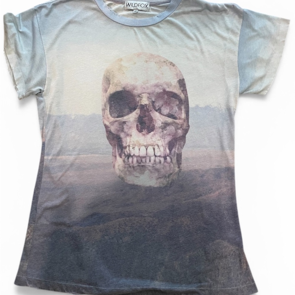 Wildfox Pale Blue and Gray Skull Graphic Tee